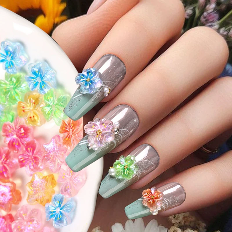 

50 шт. 3D цветы бабочка для ногтей подвески градиент ледяной полупрозрачный цветок подвески для ногтей светящиеся украшения для дизайна ногтей