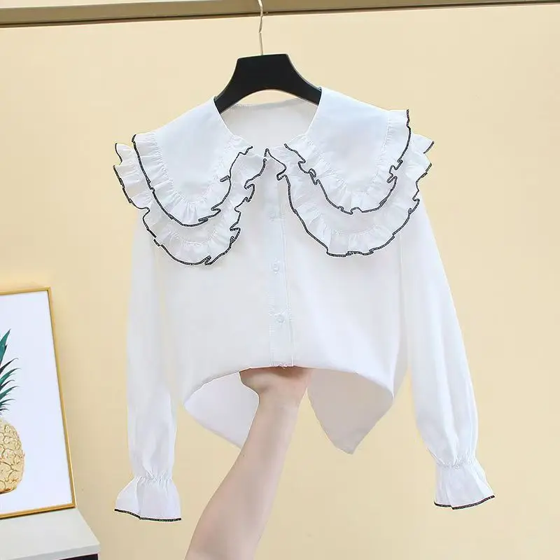 Girls Spring Autumn Shirt New Korean Stylish White Shirt Medium Large Double Layer Doll Collar Long Sleeve Trendy