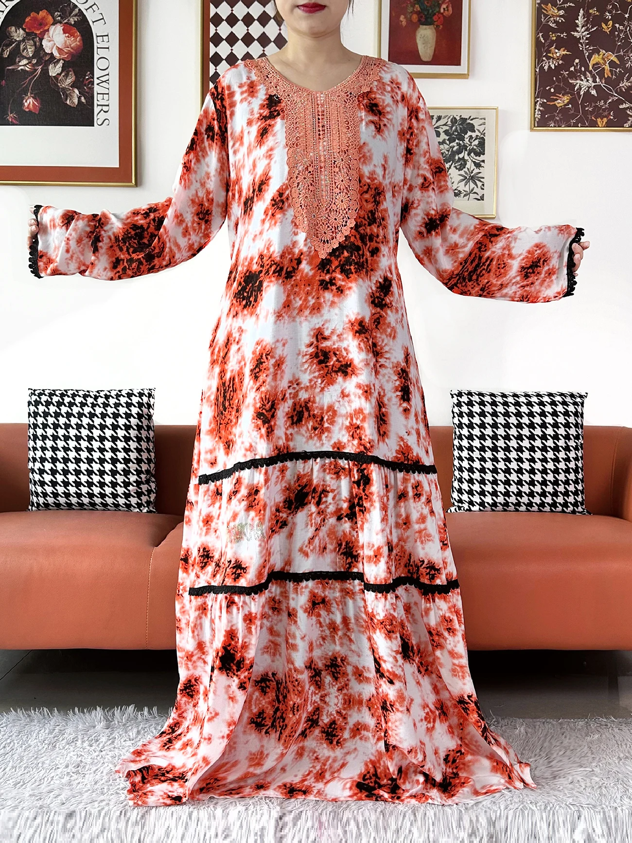 Newest High Quality Kashkha Women Elegant Tie-dye Cotton Abaya Dress Long Sleeve Loose Boho Maxi Casual Fashion African Vestidos