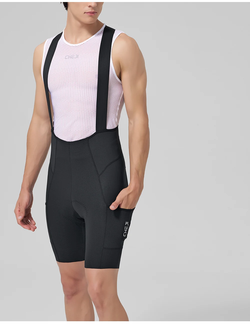 CHEJI Herren Radsport-Trägerhose mit Seitentaschen, nahtlosen, rutschfesten Beinmanschetten, gepolstert für 7 Stunden Fahrt auf Straßen- und MTB-Fahrrädern. – Detail 8