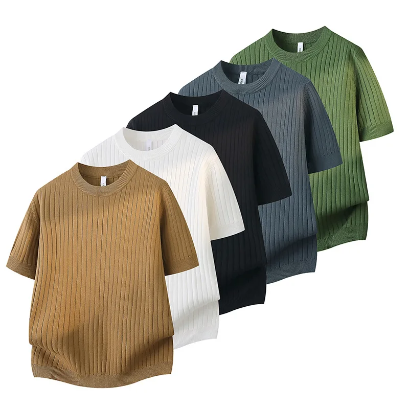 Summer new knitted sweater short-sleeved T-shirt men's striped slim-fitting ice silk