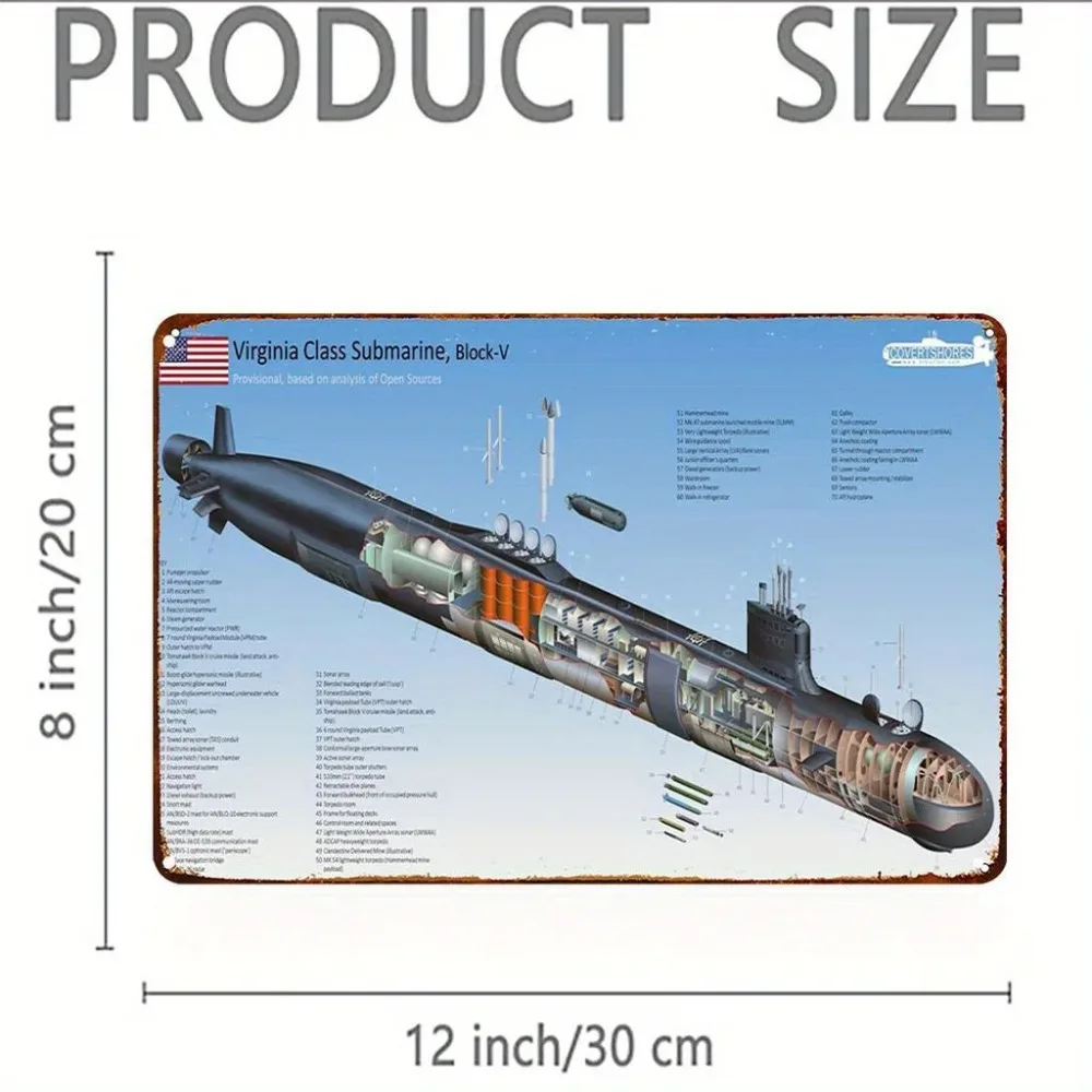 Vintage Virginia Class Submarine Metal Sign 8x12 Inch - Navy Blueprint Decor, Durable Iron Wall Art for Man Cave