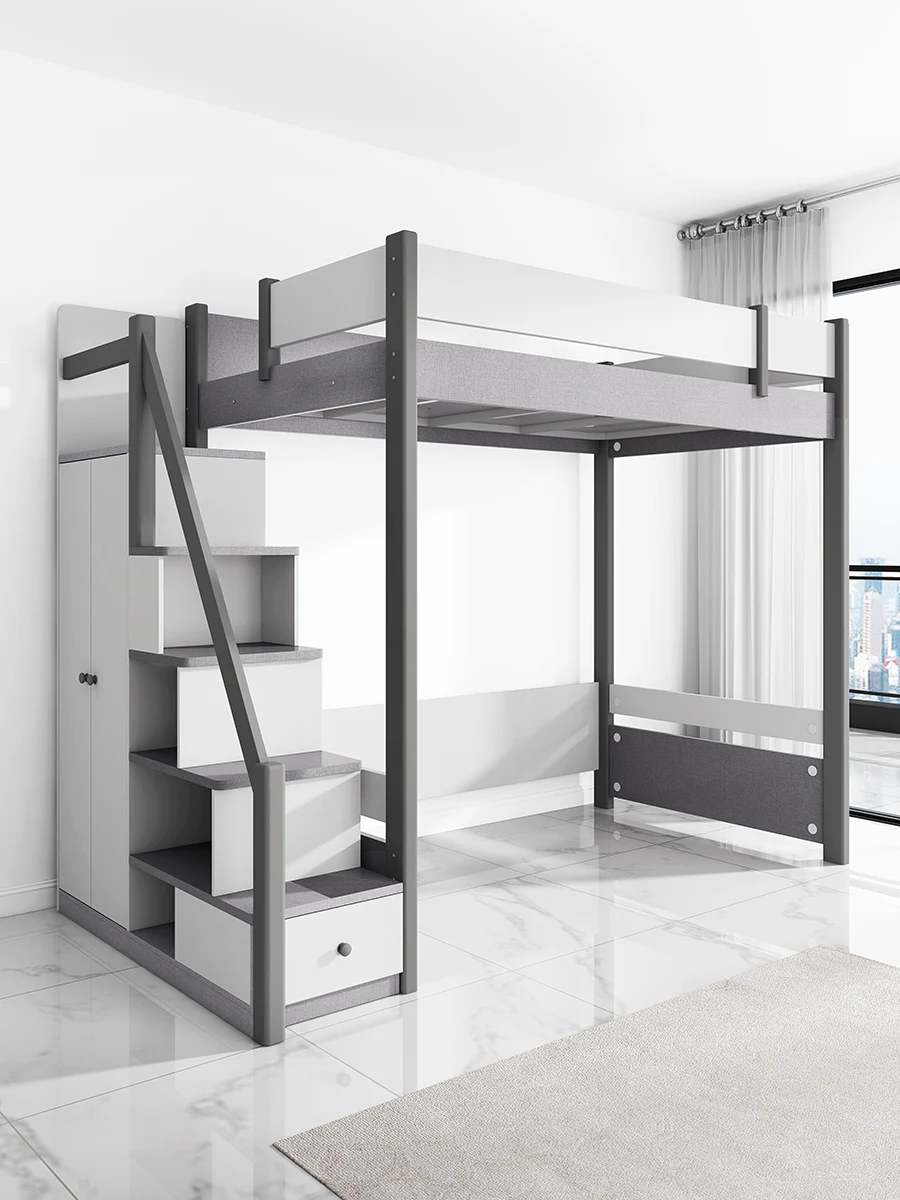 Double decker bed, upper and lower, high and low beds, supporting handrails, wardrobe style ladder cabinets, drawers, f