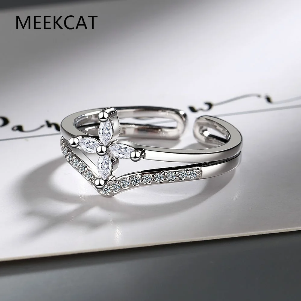 925 Sterling Silver Double Layer Lucky Four-Leaf Clover Zirconia Eternity Band Rings For Women Fine Wedding Jewelry Accessories