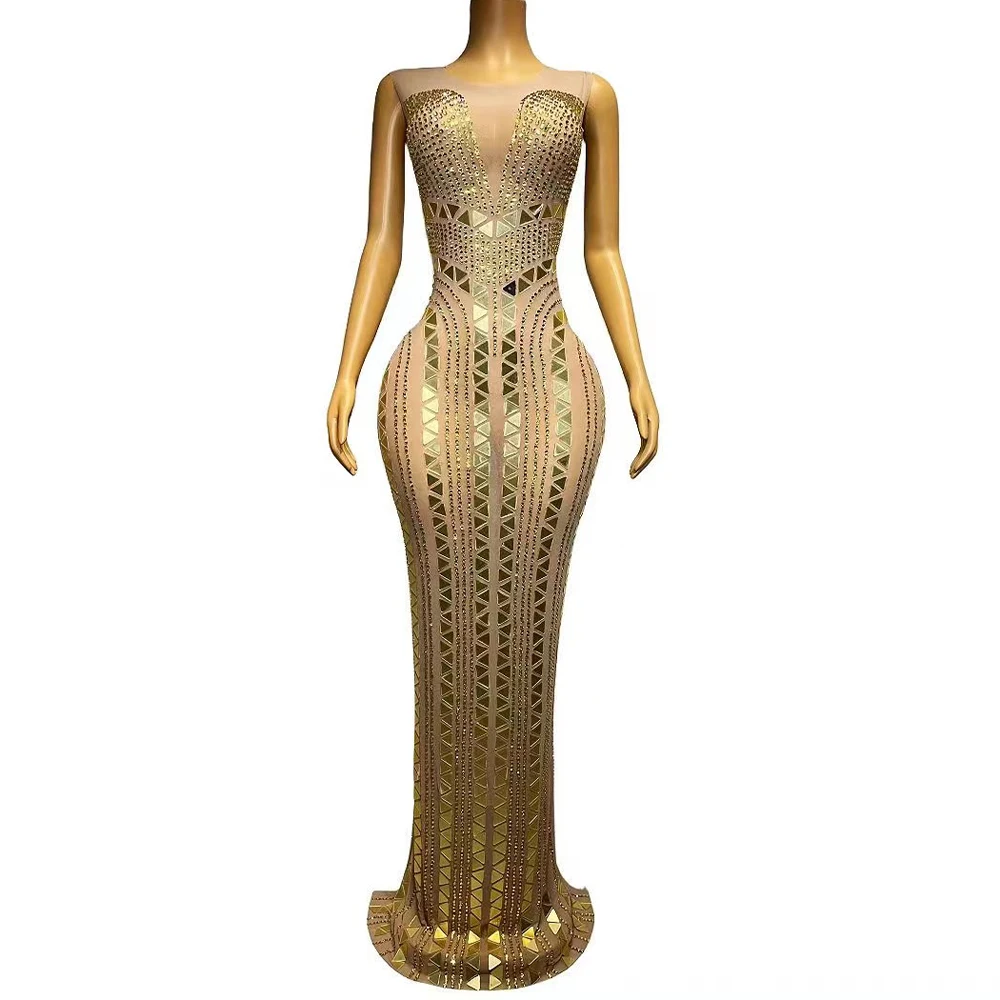

Sexy Sparkly Gold Rhinestones Sequins Transparent Dress Evening Birthday Nude Mesh Dress Women Sleeveless Photoshoot Dress