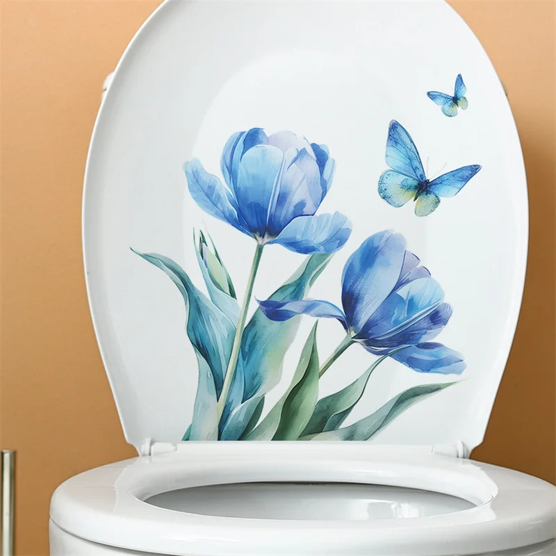 Tulip Butterfly Toilet Stickers WC Self Adhesive Wall Sticker Bathroom Toilet Lid Sticker Decal Mural For Bathroom Living Room