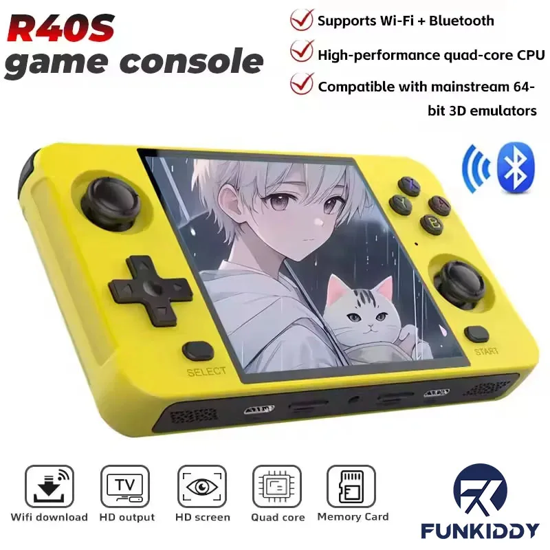

FUNKIDDY R40S Game Consoles Retro Handheld Video Game Console Built-in WIFI Bluetooth 4" IPS Screen 64-Bit RK3566 Boys Gifts