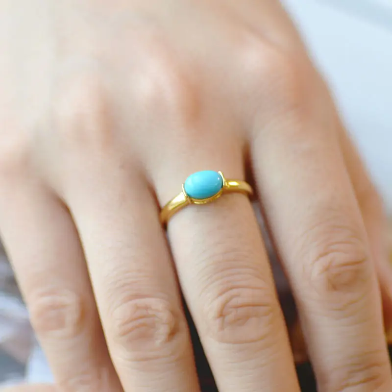 High-Quality Imitation , Blue Porcelain Gold-Colored Ring Inlaid With Turquoise, Ethnic Style Jewelry
