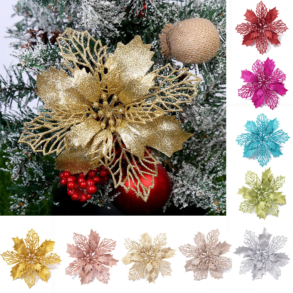 

Glitter Flower Christmas Decor Artificial Poinsettia with Clips DIY Christmas Tree Ornaments Wreath Decoration Party Supplies