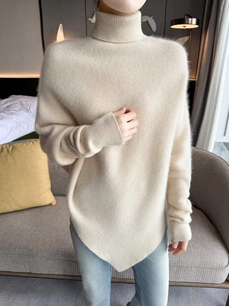 

Свитер из 100% мериносовой шерсти, женский пуловер с высоким воротом, трикотаж с рукавами «летучая мышь», женский стильный осенне-зимний кашемировый верх, одежда