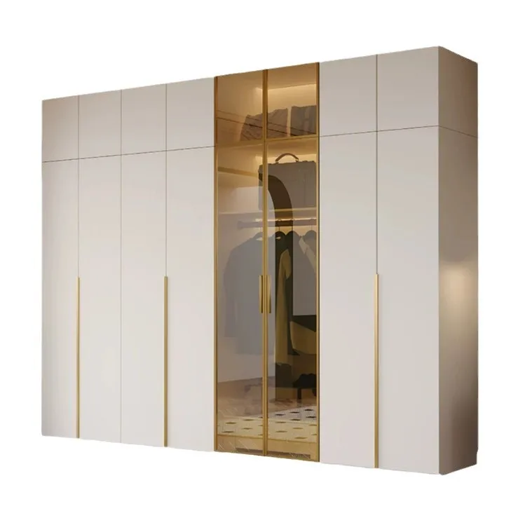 

Light Luxury Solid Wood Glass Door Wardrobe Bedroom Living Room Small Apartment With Desk Four Or Five Door Wardrobe