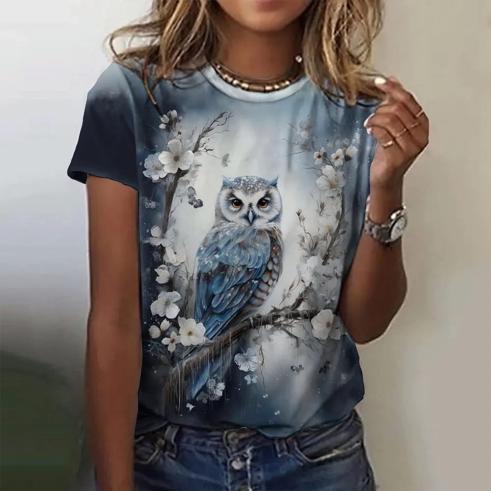 2024 New Kawaii Women\'s T-shirt Owl Print Plus Size Top Women\'s Trending Clothes Fashion Short Sleeve Shirt Crew Tee Summer