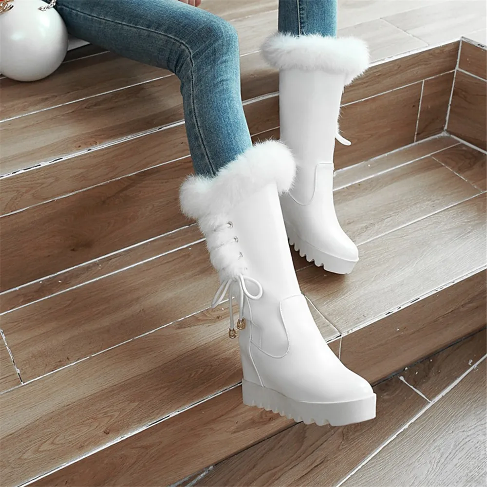 2024 Winter Womens Snow Boots Warm Fur Mid Calf High Boots Lace-up Female Shoes Female Cute Padded Boots Zapatos de Mujer 33