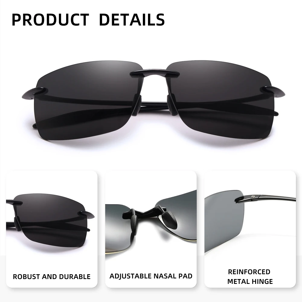 Polarized Rectangle Ultralight Fashion Sunglasses Rimless Men Driving Brand Design Sun Glasses De Sol UV400