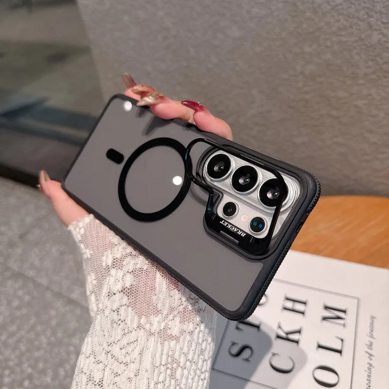 Luxury Hidden Lens Stand For Magsafe Phone Case For Samsung Galaxy S26 Ultra 25 24 23 Wireless Charging Solid Color Matte Cover