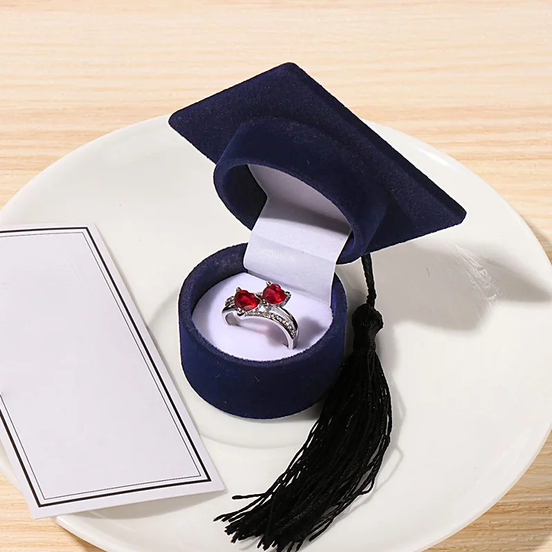 Graduation Cap Ring Box Flannel Jewelry Storage Box Engagement Ring Organizer Case with Tassel Decoration Graduation Gifts