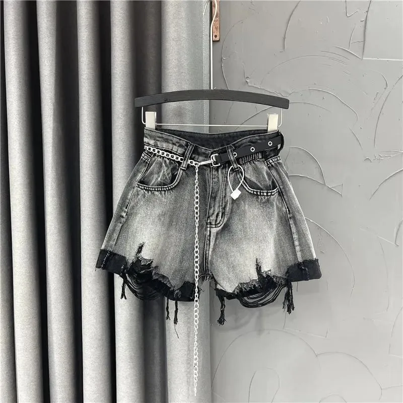 Denim Shorts Women Ripped Raw Edge Designed Punk Style High Waist Summer A-line Cool Girls Loose Wide Leg Trousers Streetwear
