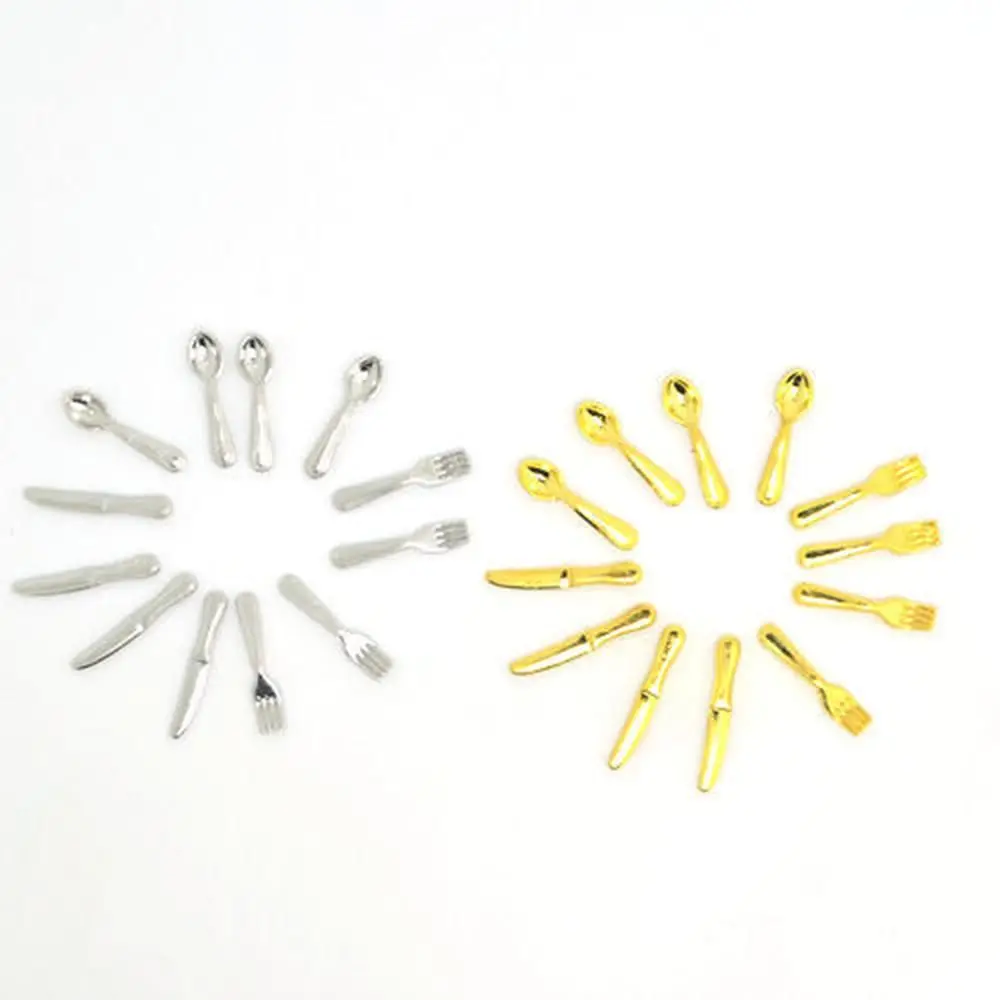12PCS Metal 1:12 Scale Dollhouse Furniture Miniature Cookware  Accessory Simulation Mini Cutlery Fork Knife Spoon