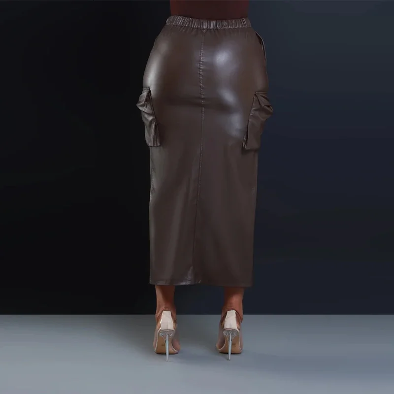 Women Faux Leather Midi Skirts High Split Vintgae Stretch PU Cargo Skirts Pocket Brown Drawstring Waistband Long Skirts Custom