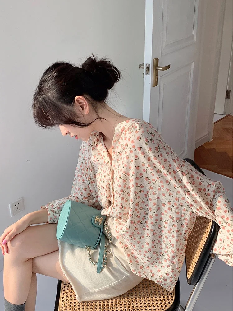 Top lungo in chiffon con stampa floreale irt da donna retrò Hong Kong Sle primavera autunno nuovo design Fairy Faion