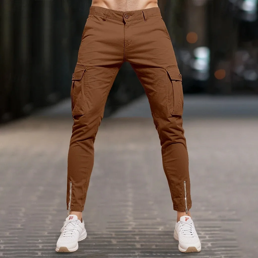 Male Fashion Elastic Pants Clothes Four Seasons Men's Solid Color Simple Basic Casual Trendy Slim Multi Pocket Cotton Trousers