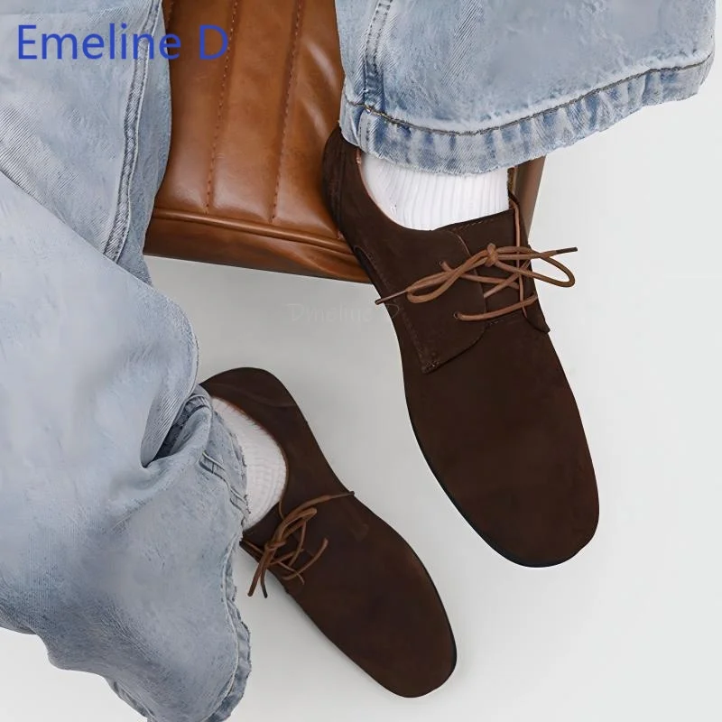 Men Soft Flat Lace Up Derby Shoes Leather Suede Surface Round Toe Lightweight Minimalist Daily Outdoor Commute Casual Flat Shoes