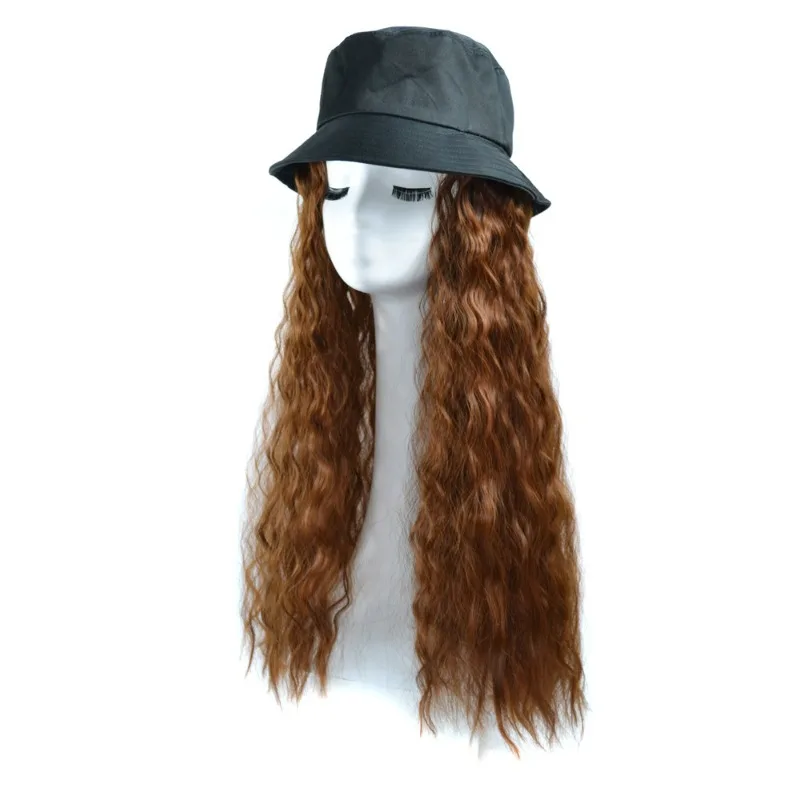 60CM Synthetic Wig Bucket Hat Fisherman Hat Wig Autumn All-in-one Hair Extensions Wool Curly Women's Daily Outing