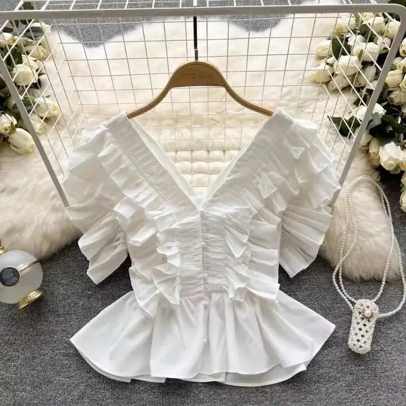 

BabYoung 2025 летние новые блузки с v-образным вырезом, тонкая талия, рубашки с рюшами и оборками, женские однобортные рубашки без рукавов Y2k Blusas Mujer