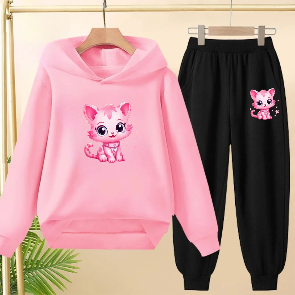 ملابس الأطفال ملابس خارجية الفتيات هوديي أسود + السراويل سن 3-12 الأولاد أنيمي القط طباعة مقنعين الخريف البلوز مجموعة ساحرة