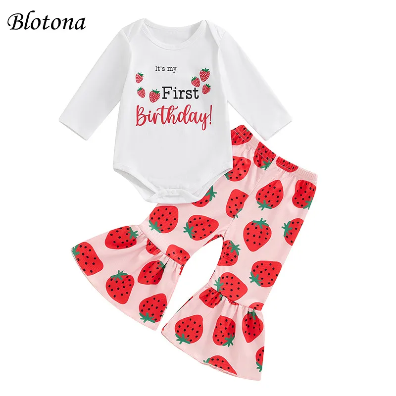 

Blotona Baby Girls 2-Piece Set Adorable Strawberry Letter Print Long Sleeve O-Neck Romper Flare Trousers Outfits 0-18M