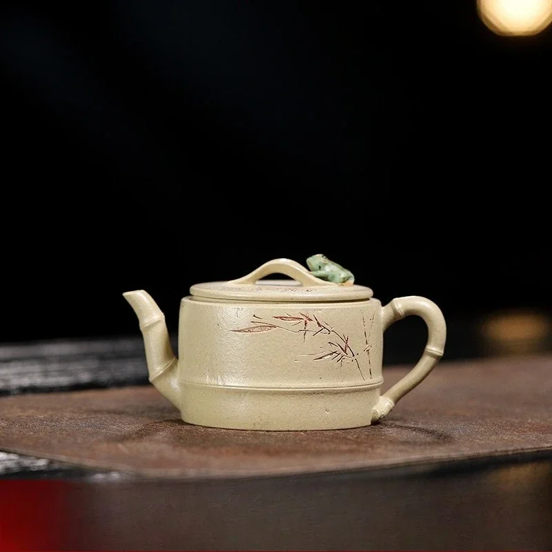 140ml Yixing Handmade Purple Clay Teapot, Raw Ore, Bamboo Gold Sand,Kung Fu Tea Set