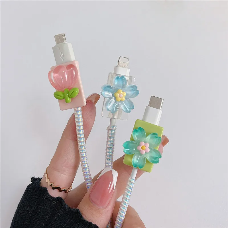 Colorful Flowers Cable Protector Cute Charger Protector Cable Winder Organizer Data Line Cord Protective Cover For iPhone Type C