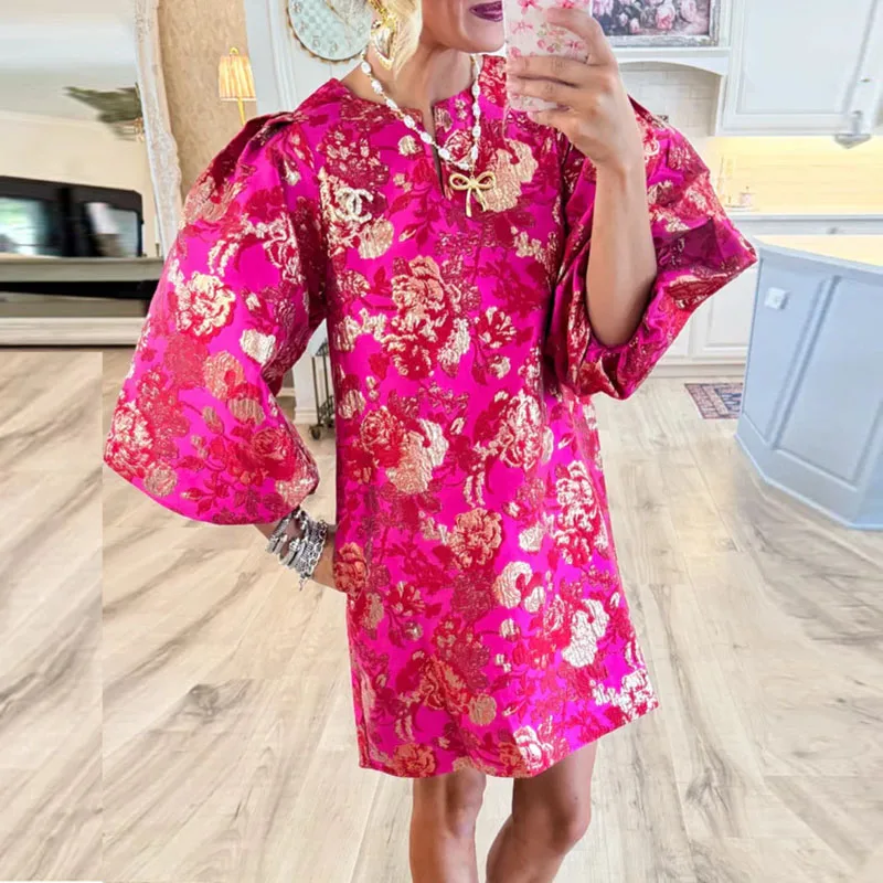 Trendy Woman Clothes 2025 Spring Elegant O Neck Flower Print Jacquard Dress Autumn 3/4 Puff Sleeved Straight Evening Dress Mujer
