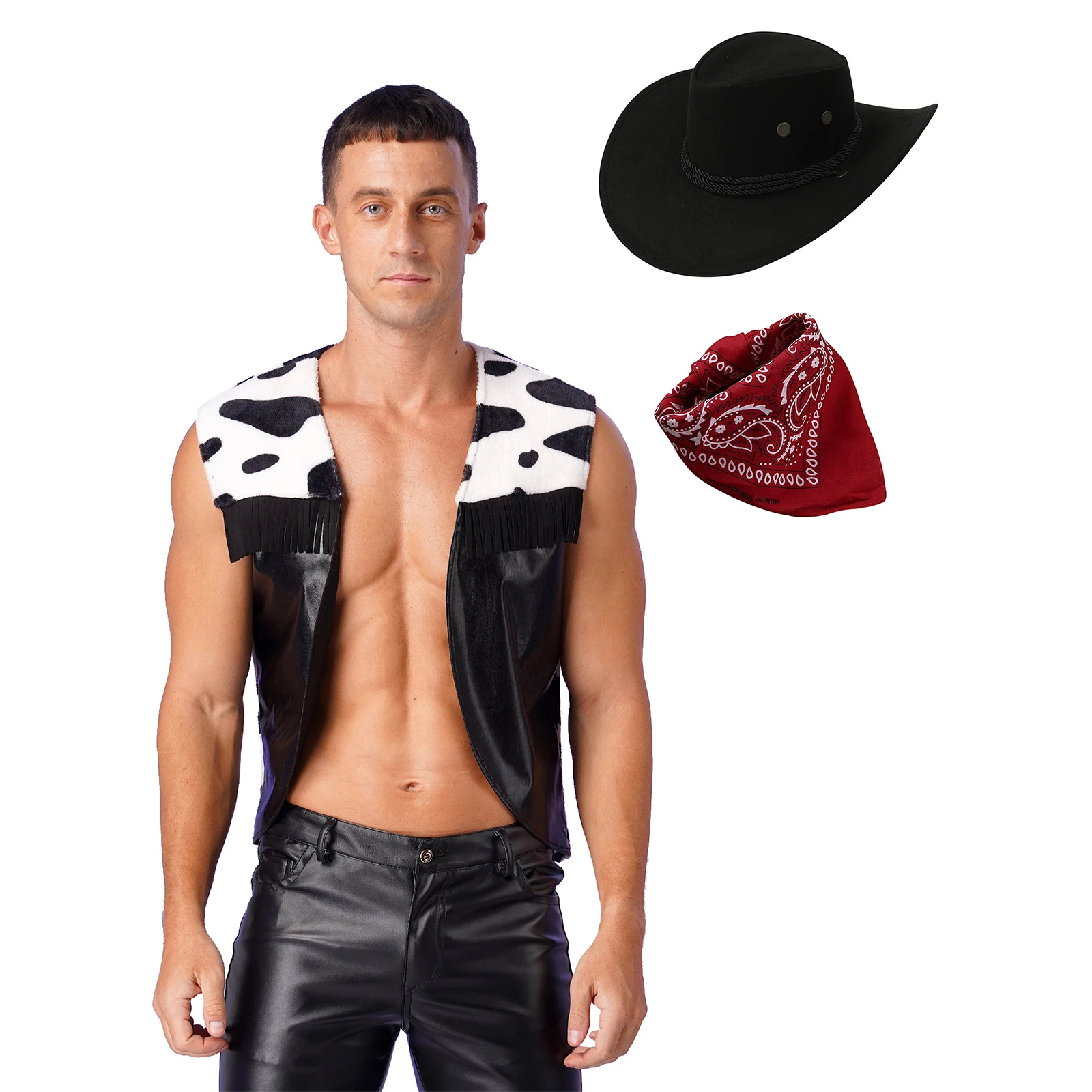 

Mens Adults Western Cowboy Costume Outfit Cow Print Open Waistcoat Vest and Bandanna Cowboy Hat for Halloween Carnival Cosplay