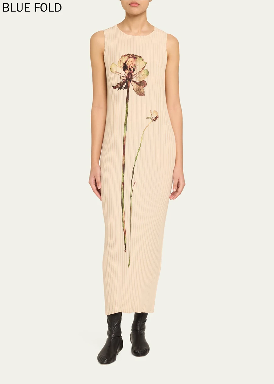 

Miyake Pleated Pressed Flora Sleeveless Round Neckline Dress