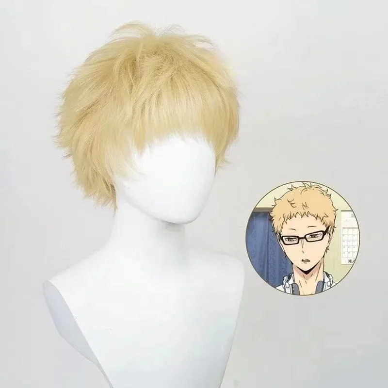 Peluca de Anime Haikyuu Kei Tsukishima, disfraz de voleibol, pelucas para fiesta de Halloween de alta calidad