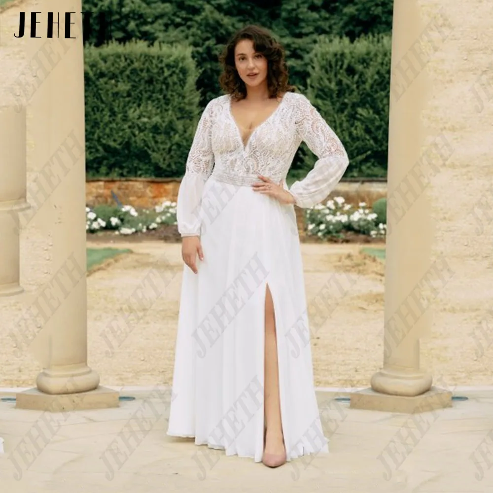 JEHETH Classic Wedding Dresses Puff Sleeves Plus For Bride A-Line Bride Gowns Chiffon V-Neck Side Split vestidos de novia