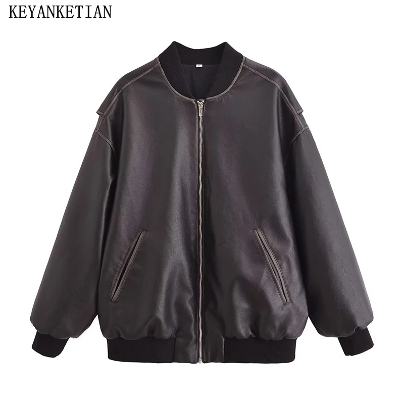 Keyanketian 2024 inverno nova jaqueta de imitação de couro feminino estilo rua rosca retalhos solto blazer greatcoat