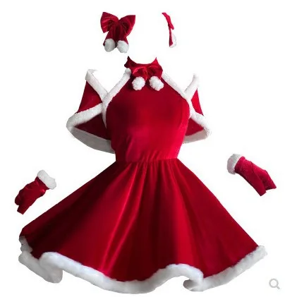 Christmas Costumes Women Sweet Maiden Red Christmas Dress Sexy Christmas Dress Flannel  Outfits Fluff