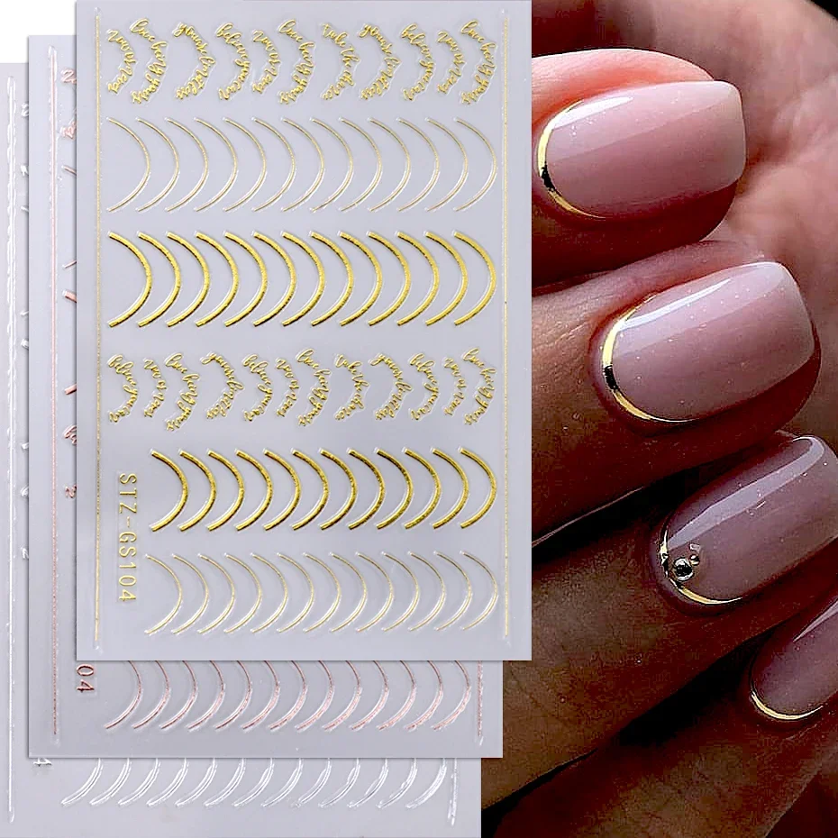 

French Tips Nail Art Stickers 3D Gold Rose Silver Curve Stripe Lines Tape Swirl Sliders Adhesive Gel Nail Art Decals Manicure