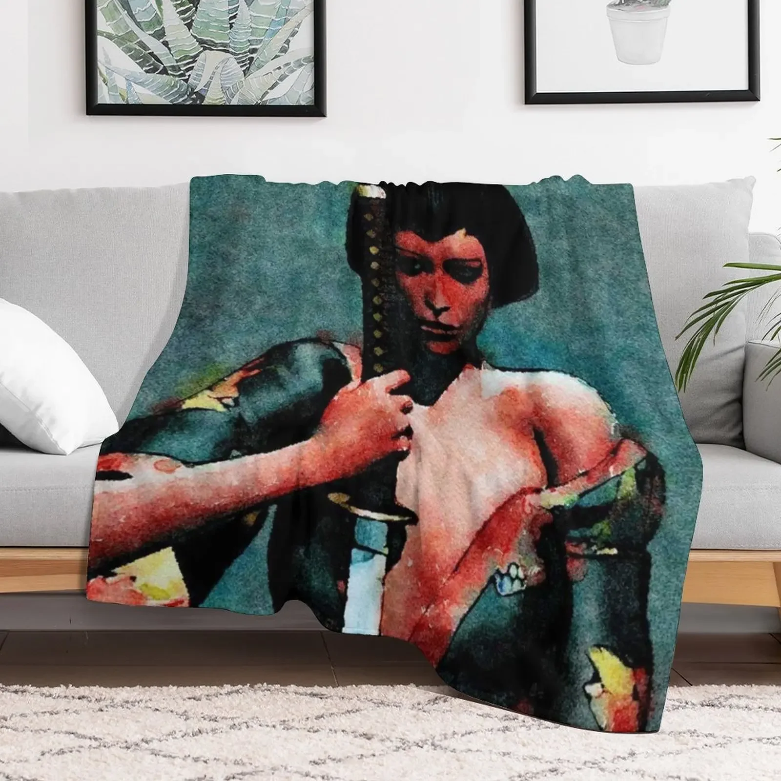Red Geisha with Sword Throw Blanket Soft Warm Blanket Gift for Men Women Adults