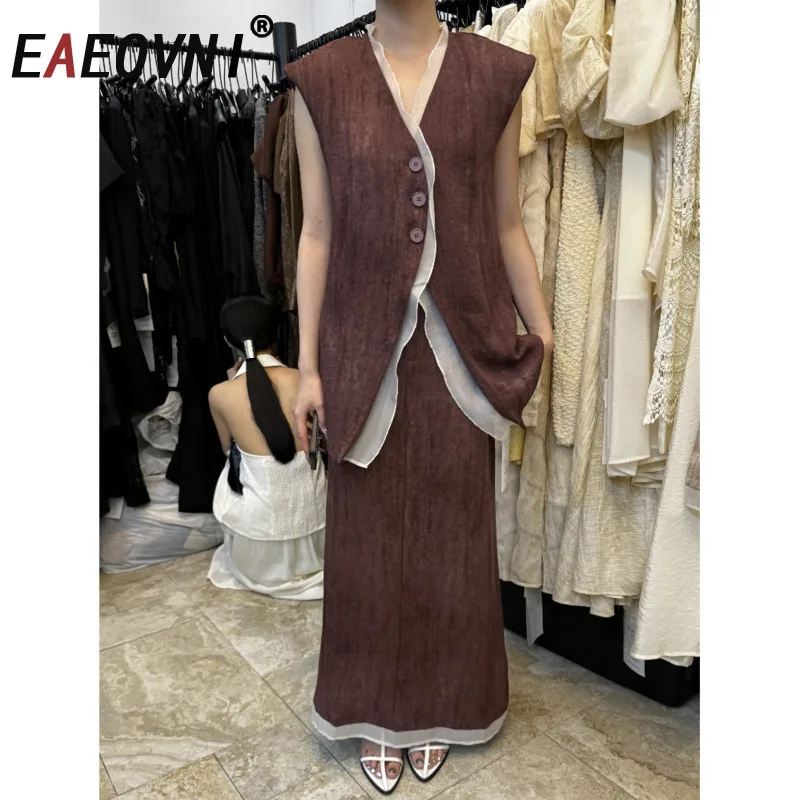 

EAEOVNI Casual Sleeveless Two Piece Set Women Fashion V Neck Button Patchwork Vest + A Line Long Skirt Elegant 2025 New Clothing