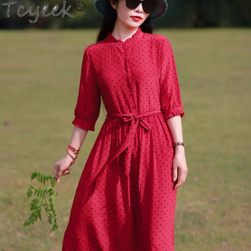 

Tcyeek Summer Dresses for Women Clothing 2023 New Elegant 100% Mulberry Silk Dress Womens Dress Red Dot Vestido De Mujer LM1006