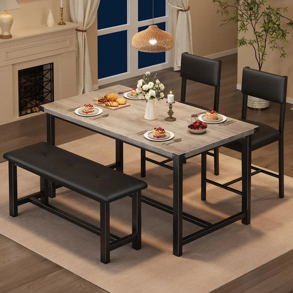 Dining Table Set for 4, Kitchen Table with 2 Upholstered Chairs and Bench, Wood Kitchen Dining Room Set, for Small Space, Apart