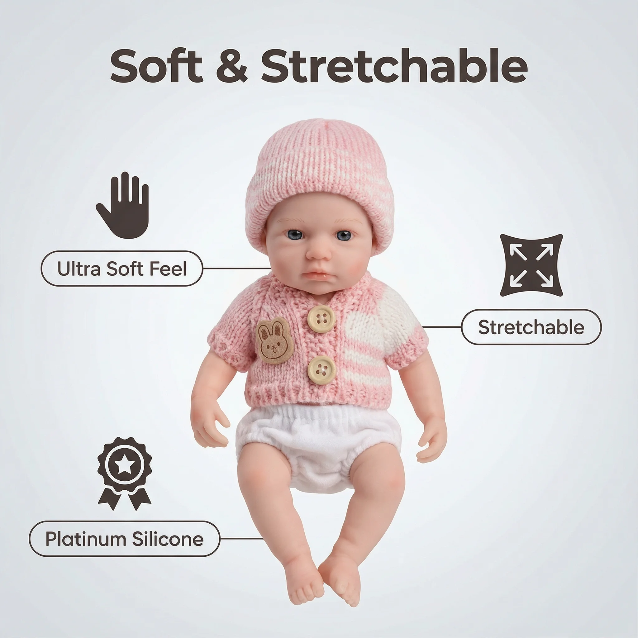 NPK 8inch Lifelike Silicone Baby Doll Super Soft Solid Squishy Elastic Platinum Silicone Baby Doll LouLou Awake