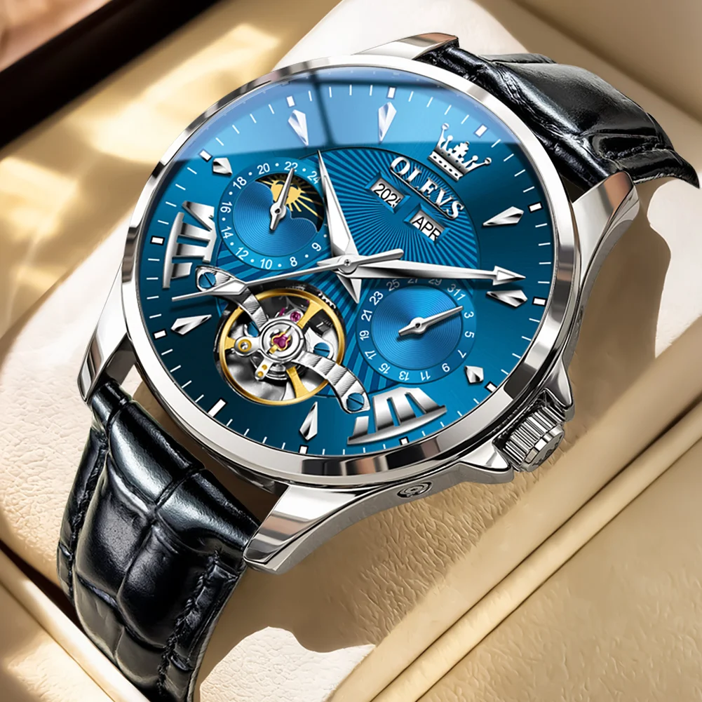 

Мужские часы OLEVS: роскошные водонепроницаемые механические часы-скелетоны с турбийоном, модные, с фазами Луны, для деловых мужчин. Reloj Hombre.