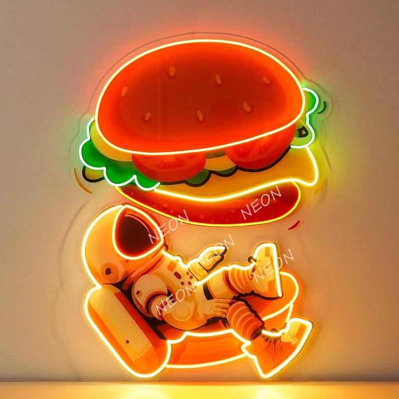 Astronaut and Burger Neon Acrylic Artwork Led Sign Custom Hamburger Store Open for Restaurant Kitchen Wall Decor Neon Lights