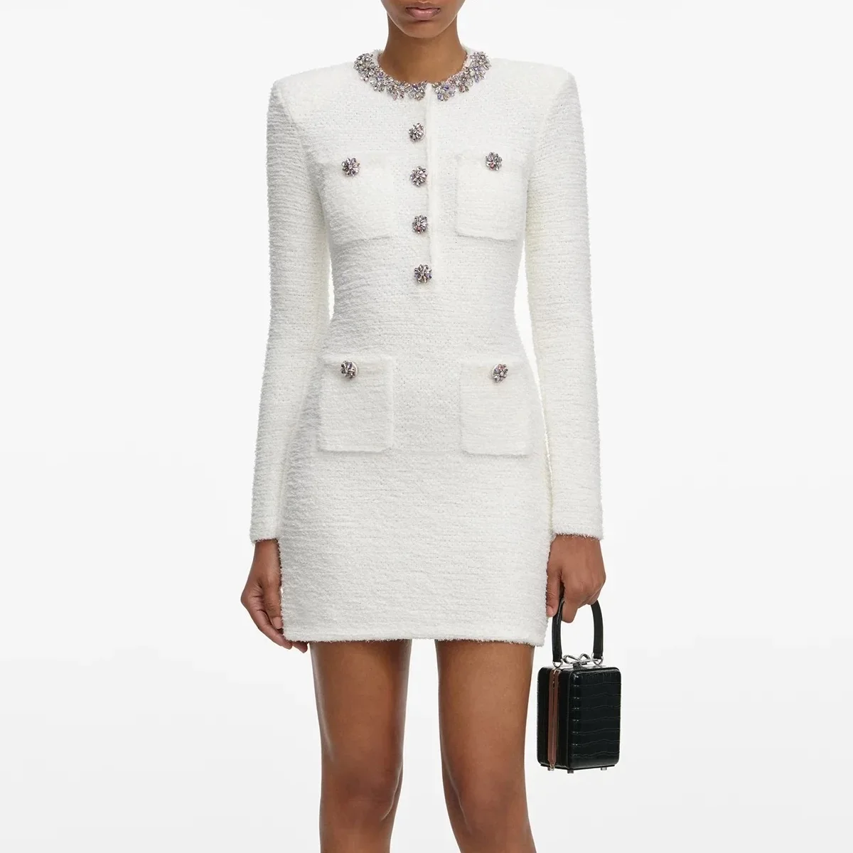 

Women Colorful Diamond Decorative Knitted White Dress fashion Elegant temperament mini dress