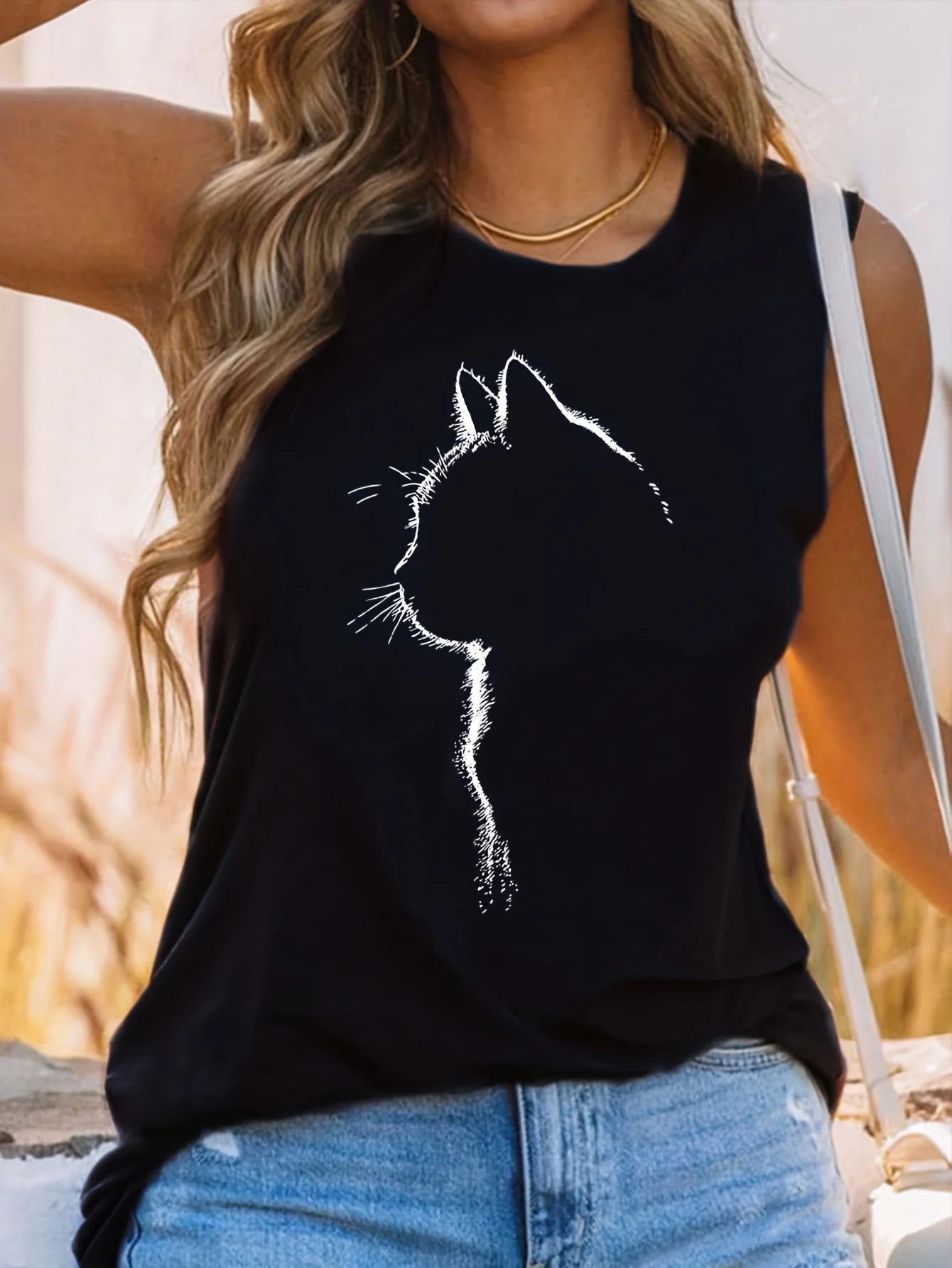 Damski letni nadruk z kotem, duży, swobodny, bez rękawów, luźny podkoszulek T-shirt Tank bez rękawów, wąska kamizelka, topy Streetwear
