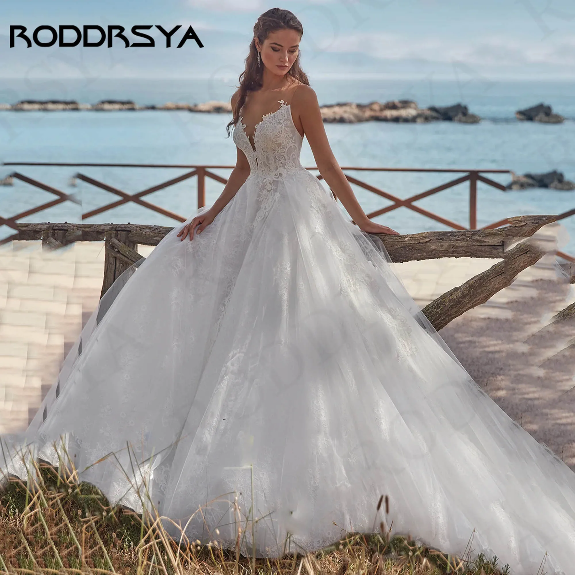 

RODDRSYA Bohemian Lace Applique Wedding Dresses A Line robe mariage femme Illusion Back Sleeveless Tulle Beach Bridal Dress